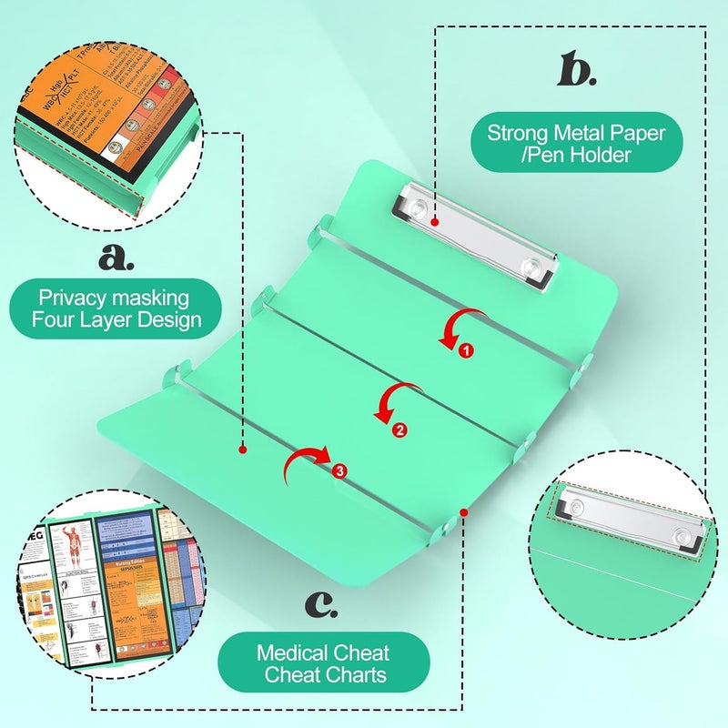 NECEG Nursing Clipboard Foldable-4 Layers Aluminum Nurse Foldable Clipboard Nursing Medical Edition Cheat Sheets, Pocket Size Pen Clip for Nurses Students School and Doctors- Mint Christmas Gifts Idea - Image 4